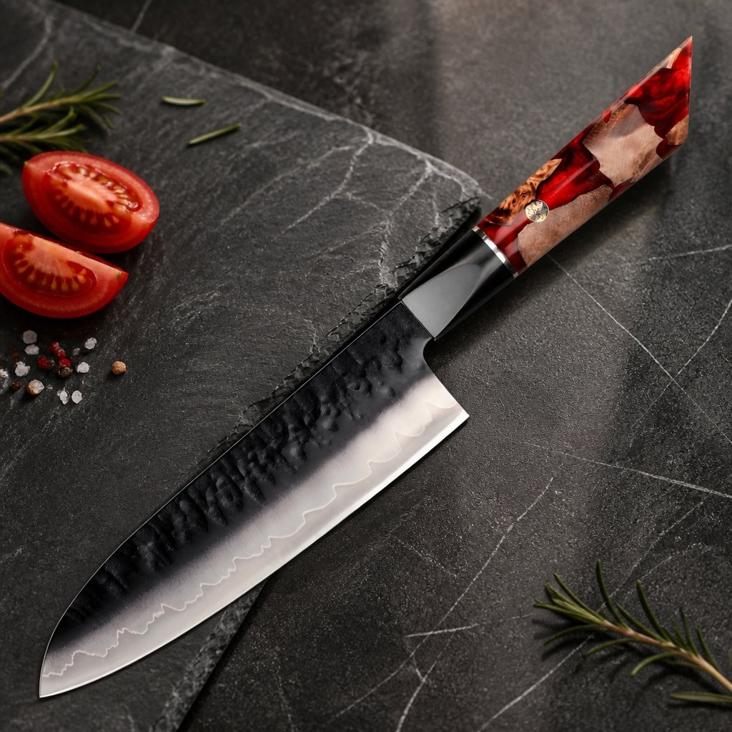Damaskast kuhinjski nož AR-37337 - Santoku / Rdeči